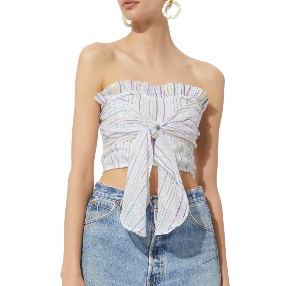 Apiece Apart Top Flora Metallic Lame Stripe Tie Front Cropped Top‎ Sz 2 XS